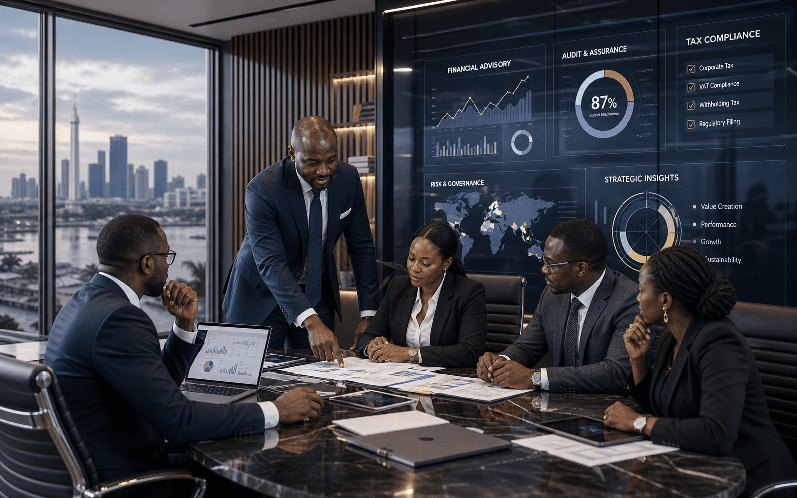 Premium financial advisory, audit, taxation, and professional services leadership scene